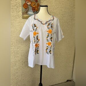 White and Marigold Embroidered Women's Top